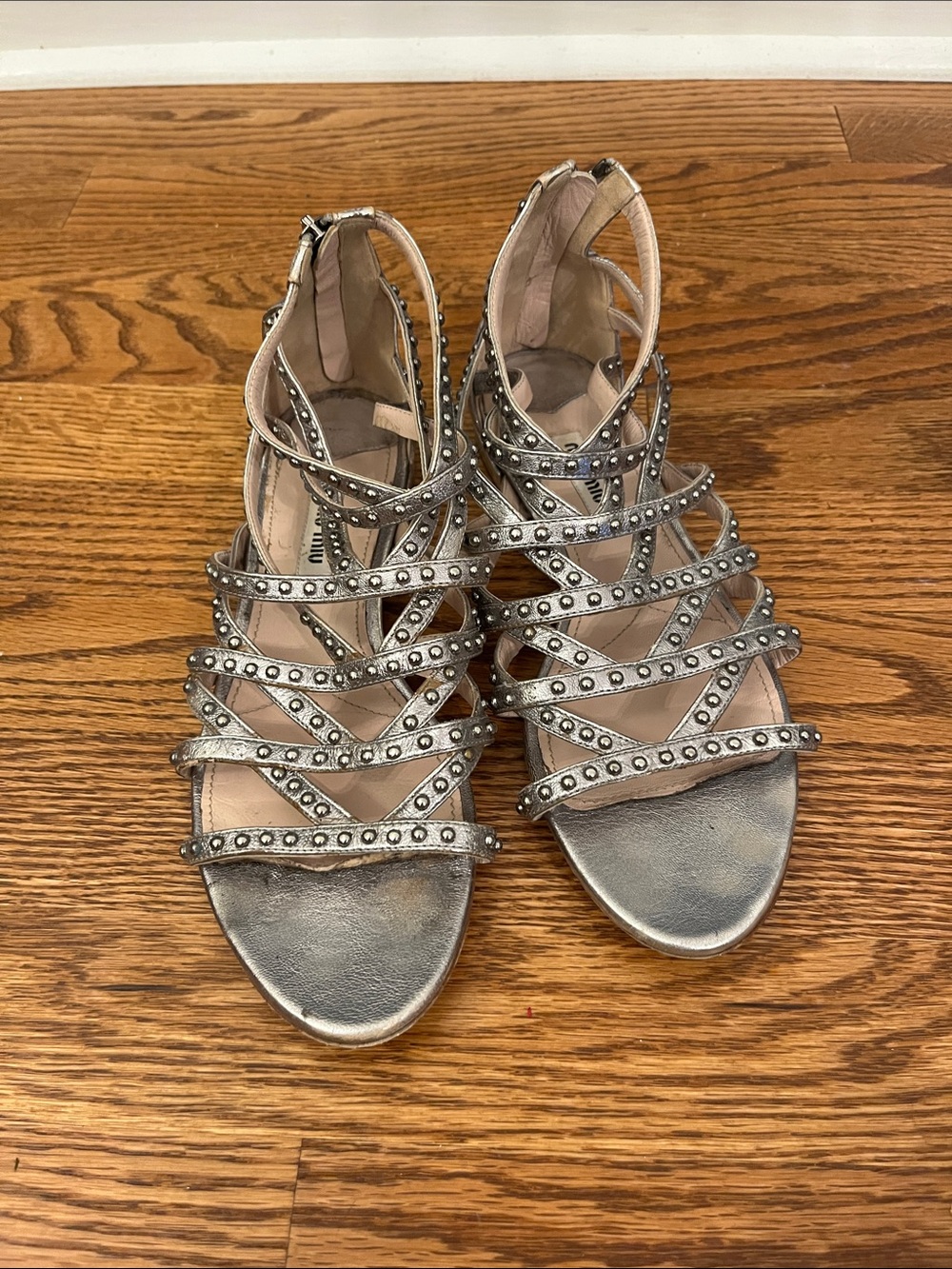 MIU MIU Studded Gladiator/Cage Sandals in silver